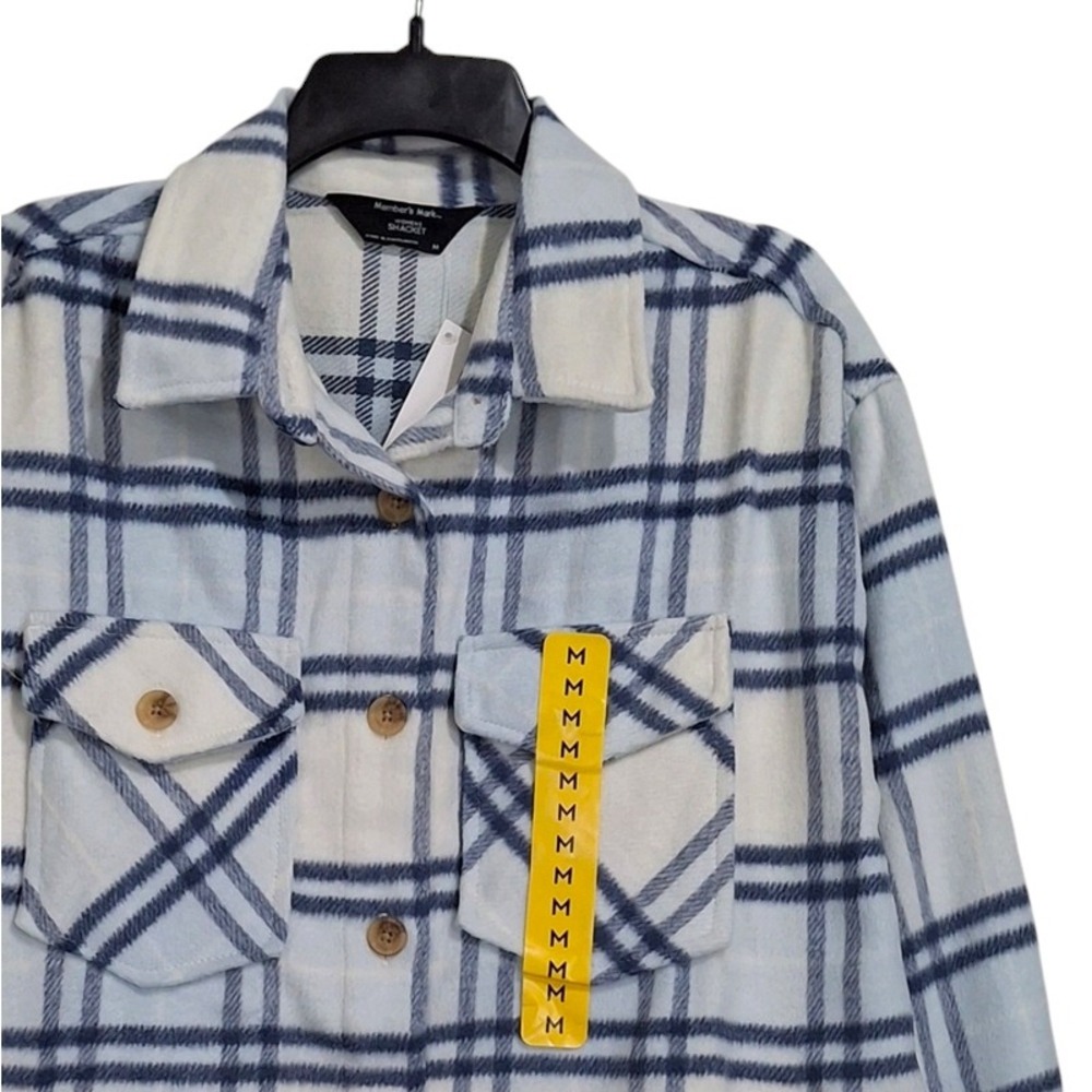 Members Mark Shacket Medium Light Blue Plaid Button Front Relaxed Fit Flannel